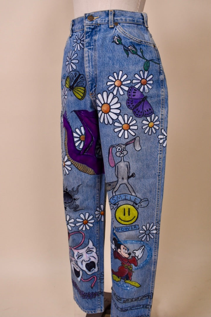 80s Lee Hand Painted Blue Jeans from the  side