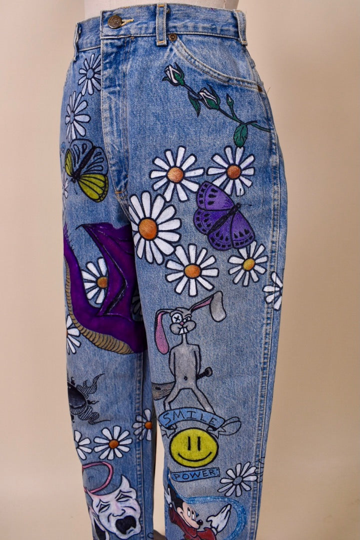 80s Lee Hand Painted Blue Jeans from the  side showing details
