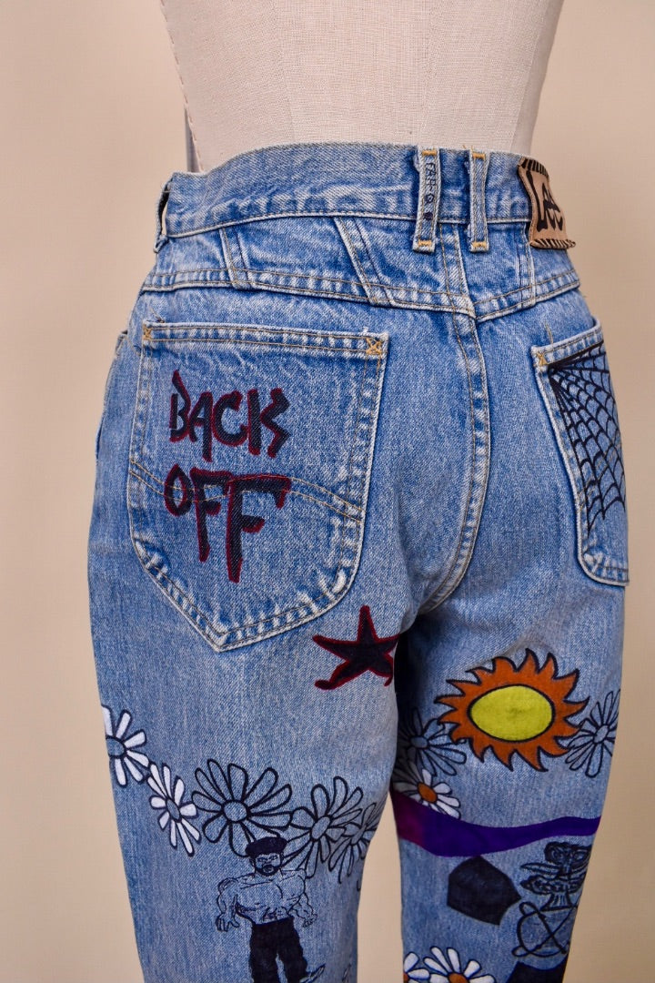 80s Lee Hand Painted Blue Jeans from the  back showing back pocket details