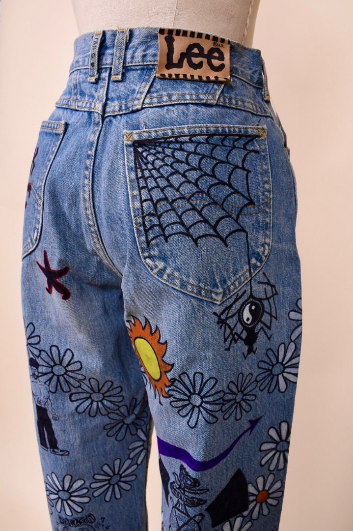 80s Lee Hand Painted Blue Jeans from the  back showing back pocket spiderweb details
