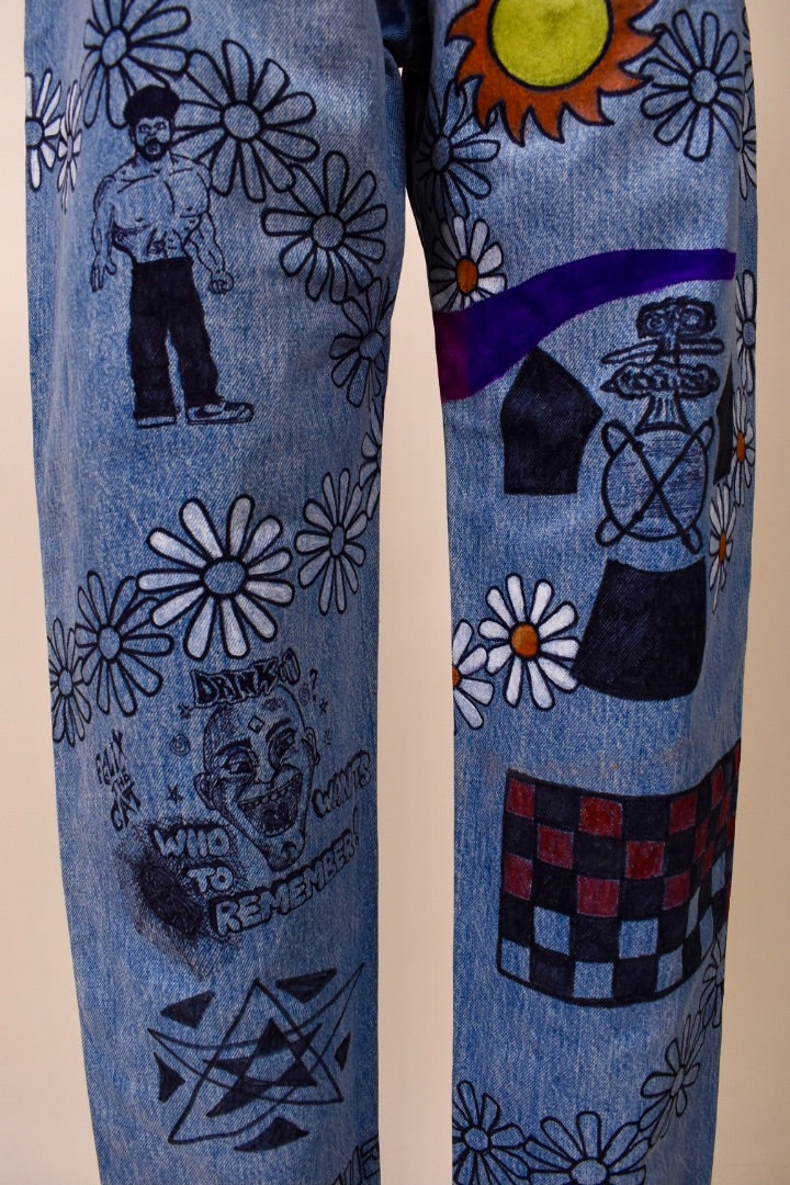 80s Hand Painted Blue Jeans By Lee, M