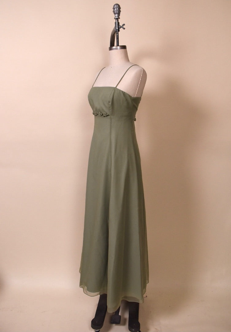 Green Long Sleeveless Dress with Three Flowers By Mori Lee, XS