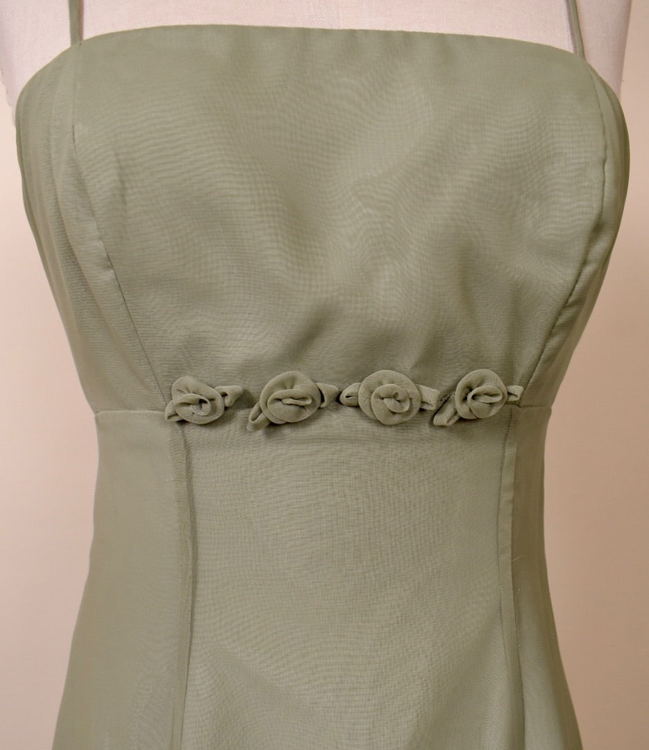 Green Long Sleeveless Dress with Three Flowers By Mori Lee, XS