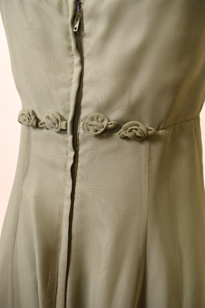 Green Long Sleeveless Dress with Three Flowers By Mori Lee, XS