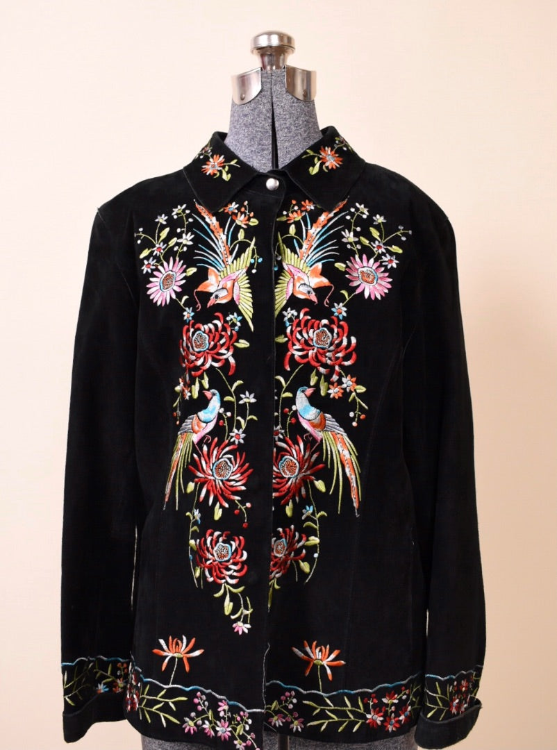 Black Suede Black Embroidered Jacket By Avanti, S/M