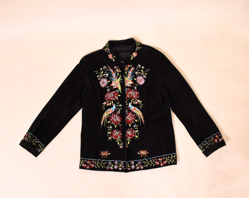 Black Suede Black Embroidered Jacket By Avanti, S/M