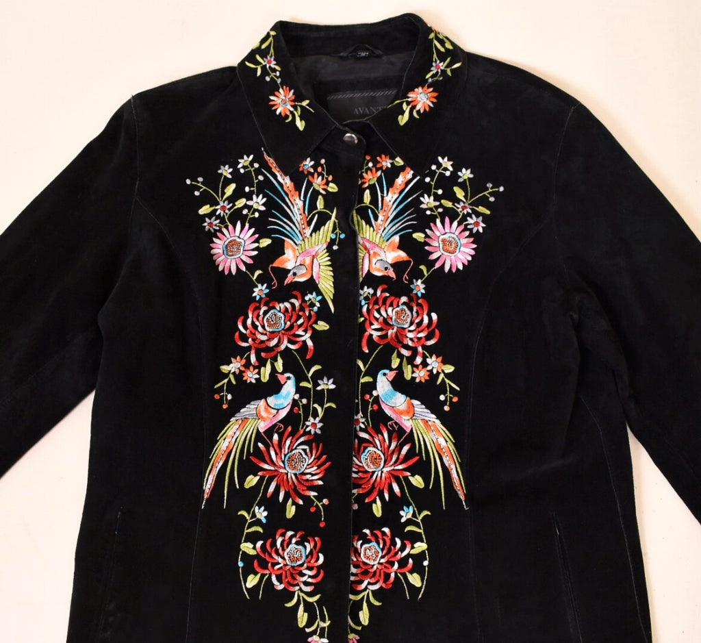 Black Suede Black Embroidered Jacket By Avanti, S/M