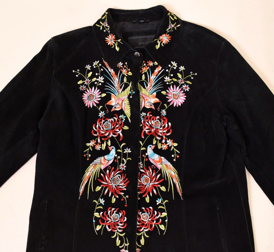 Black Suede Black Embroidered Jacket By Avanti, S/M