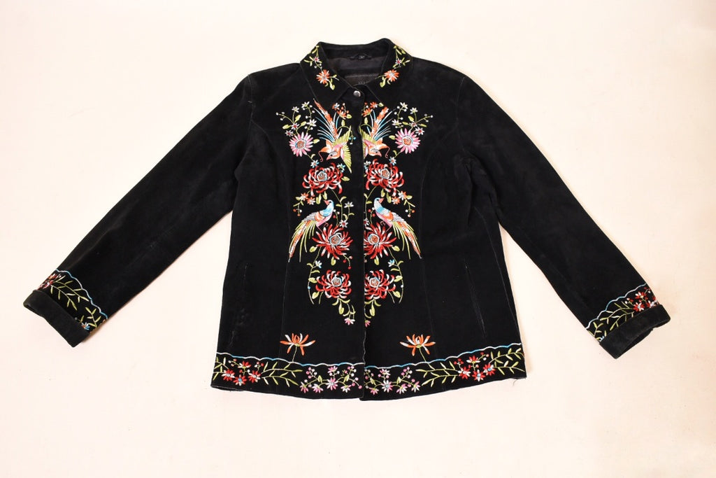 Black Suede Black Embroidered Jacket By Avanti, S/M