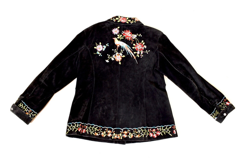 Black Suede Black Embroidered Jacket By Avanti, S/M