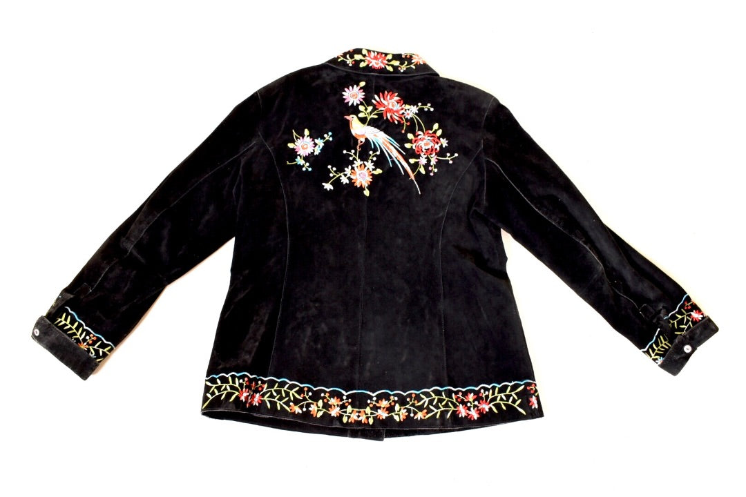 Black Suede Black Embroidered Jacket By Avanti, S/M
