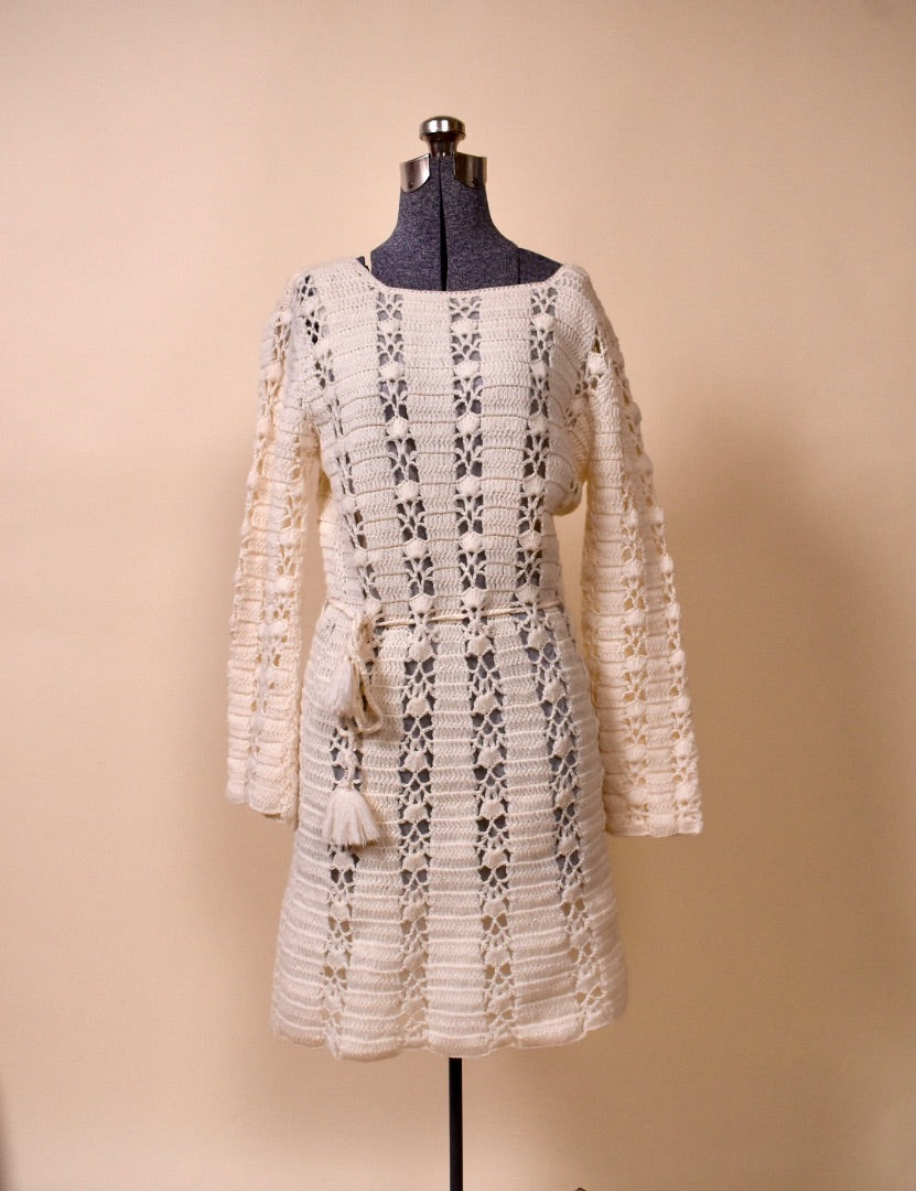 White 1970s Crochet Dress By Country Lady from the front