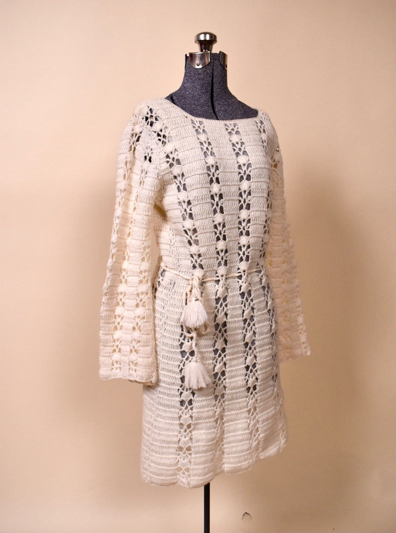 White 1970s Crochet Dress By Country Lady From the side 