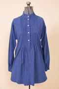 1970s Navy Blue & White Graph Pleated Front Shirt/Dress By Marimekko is shown from the front