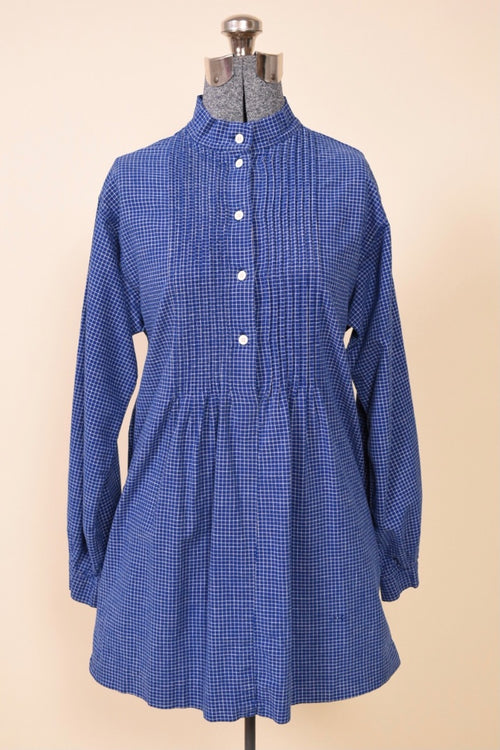1970s Navy Blue & White Graph Pleated Front Shirt/Dress By Marimekko is shown from the front
