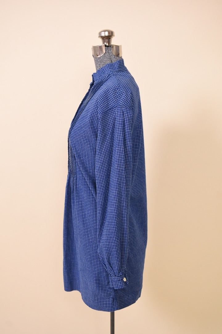 1970s Navy Blue & White Graph Pleated Front Shirt/Dress By Marimekko is shown from the side