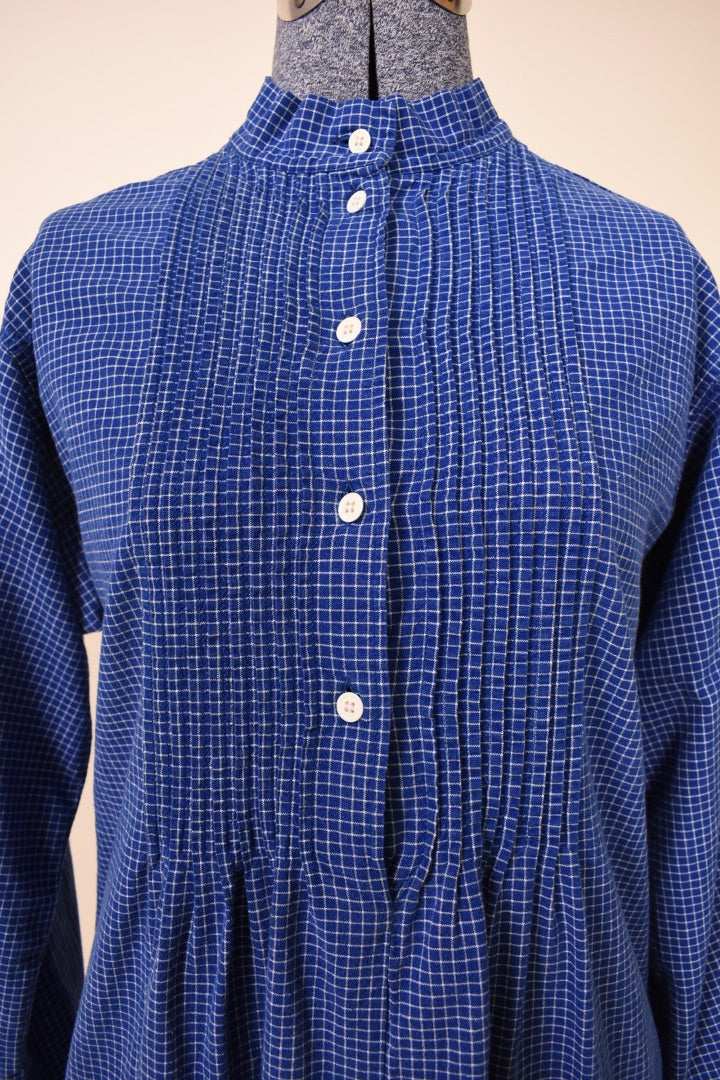 1970s Navy Blue & White Graph Pleated Front Shirt/Dress By Marimekko is shown from the front close up