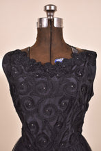 Load image into Gallery viewer, 1950s black party dress close up of embroidery and rhinestones on bodice
