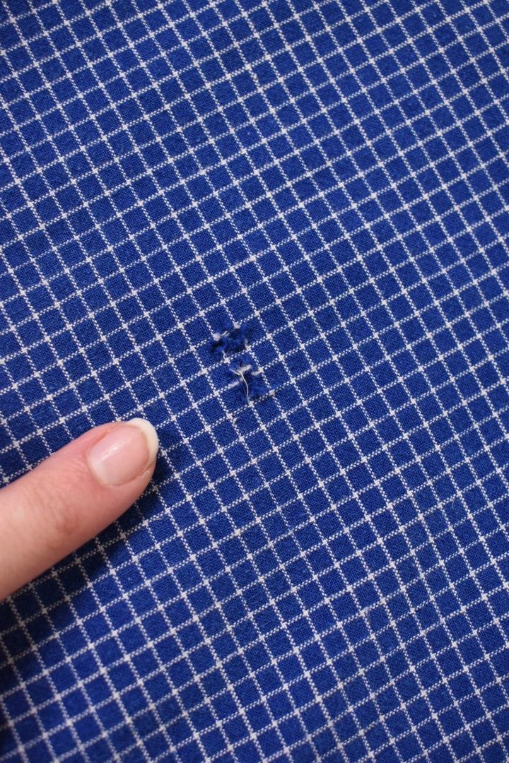 1970s Navy Blue & White Graph Pleated Front Shirt/Dress By Marimekko small snag is shown