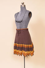 Load image into Gallery viewer, Brown, Orange, and Yellow Crochet Tie Waist Skirt: Shown from Side
