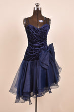 Load image into Gallery viewer, 80s Strappy organza and velvet cocktail dress with big bow shown from the front

