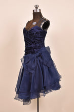 Load image into Gallery viewer, 80s Strappy organza and velvet cocktail dress with big bow shown from the side
