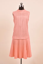 Load image into Gallery viewer, 70s Neon Peach Squiggle Lace Dress with Pleated Skirt as shown from the front

