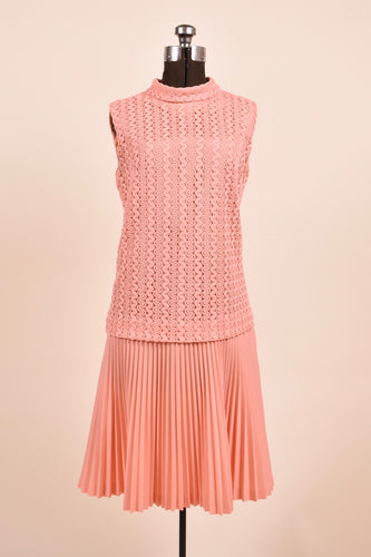 70s Neon Peach Squiggle Lace Dress with Pleated Skirt as shown from the front