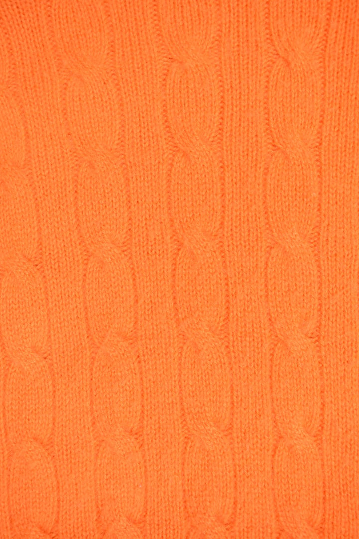 Orange Cable Cashmere Sweater By Ralph Lauren Black Label, S. Up close image of the cable knit pattern.
