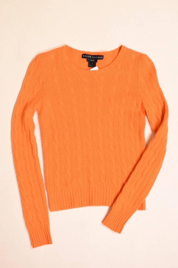 Orange Cable Cashmere Sweater By Ralph Lauren Black Label, S. Sweater laying flat.
