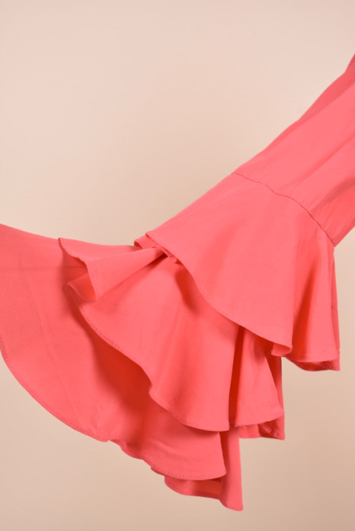 Hot Coral 80s Ruffle Sleeve Cropped Tie Top sleeve