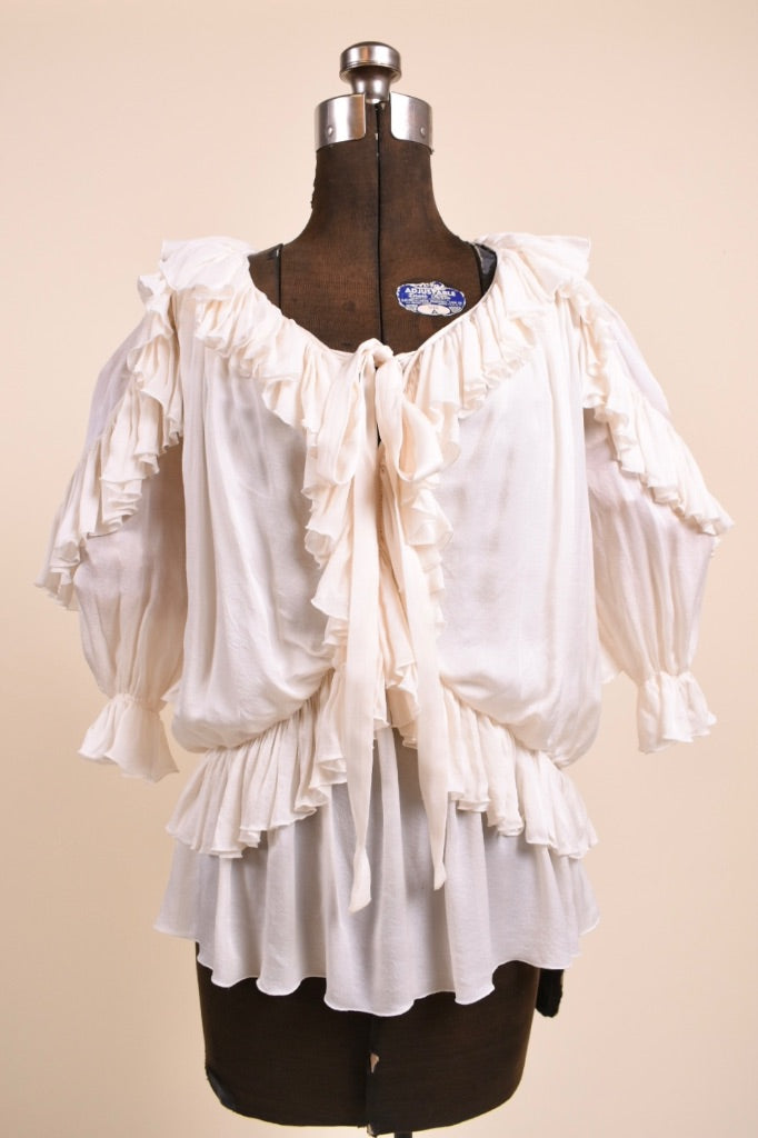 Ivory Silk Micro Pleated Ruffle Pussy Bow Blouse