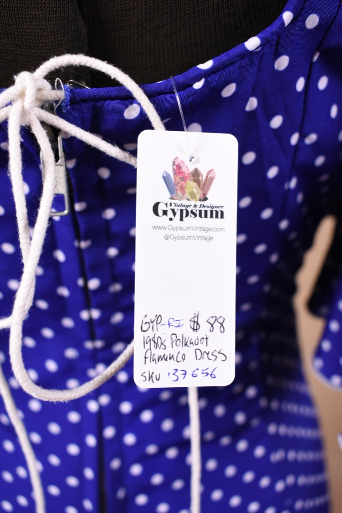 Blue and White Polka Dot 80s Flamenco Dress is shown from tag