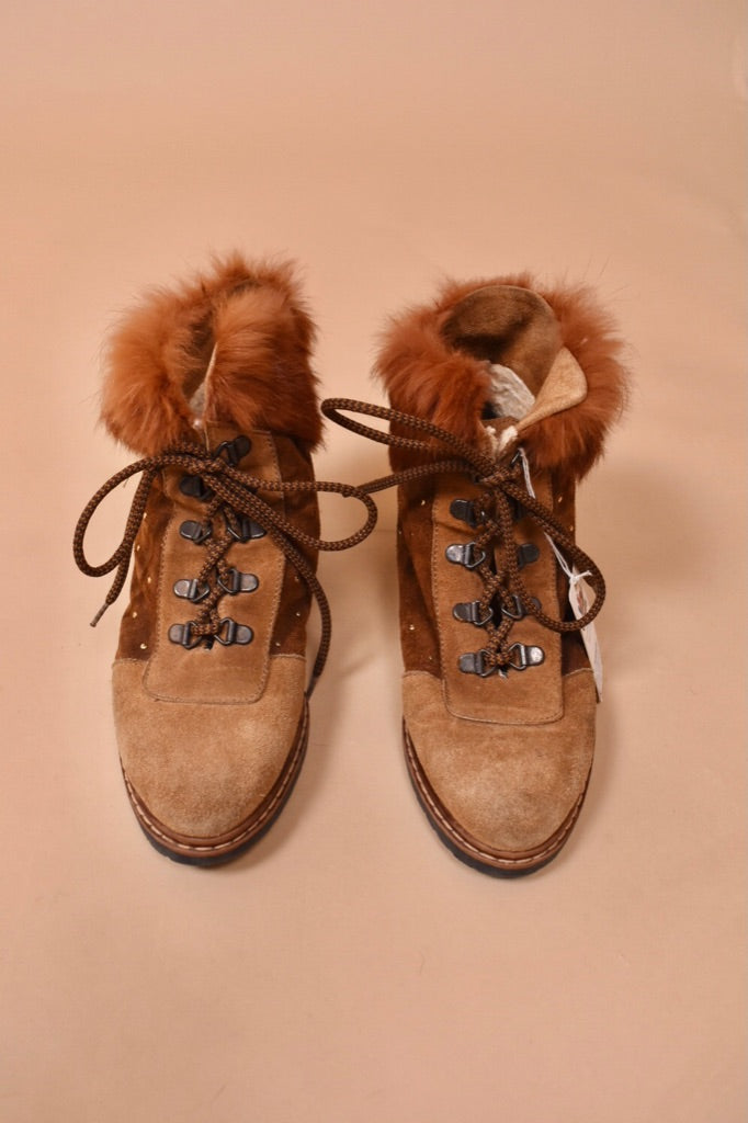 Brown Italian 80s Fur Trimmed Studded Booties By Roberto Vianni, 5