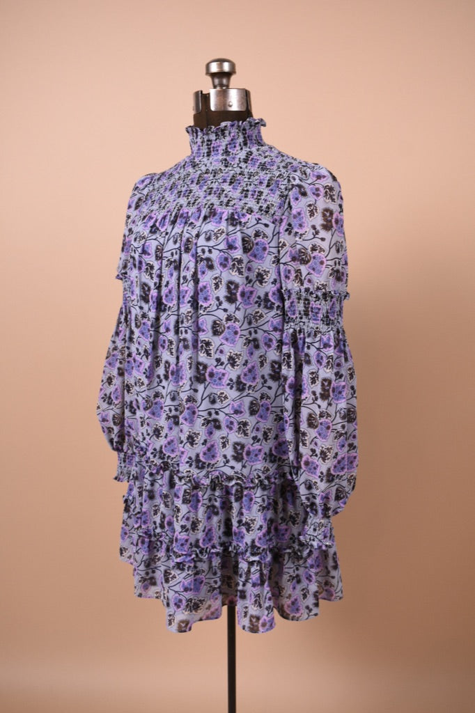 Purple Floral Long Sleeve Smocked Mini Dress By Cinq a Sept, S