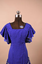 Load image into Gallery viewer, Blue and White Polka Dot 80s Flamenco Dress is shown from front close up
