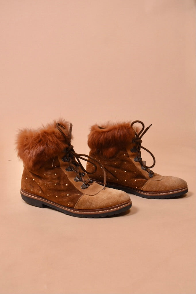 Brown Italian 80s Fur Trimmed Studded Booties By Roberto Vianni, 5