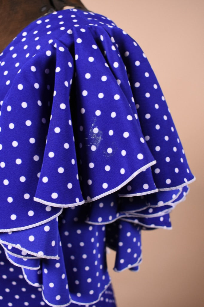 Blue and White Polka Dot 80s Flamenco Dress is shown from shoulder