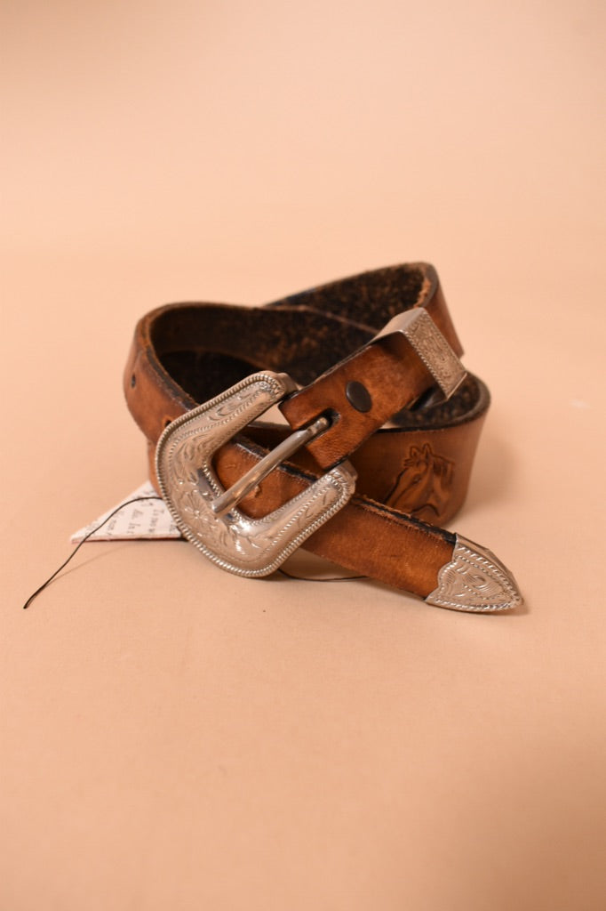 Brown Belt with Stamped Western Imagery and Engraved Buckle by Appaloosa, XS