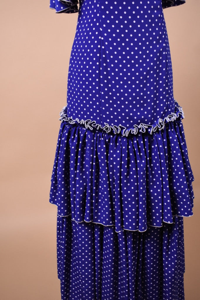 Blue and White Polka Dot 80s Flamenco Dress is shown from skirt