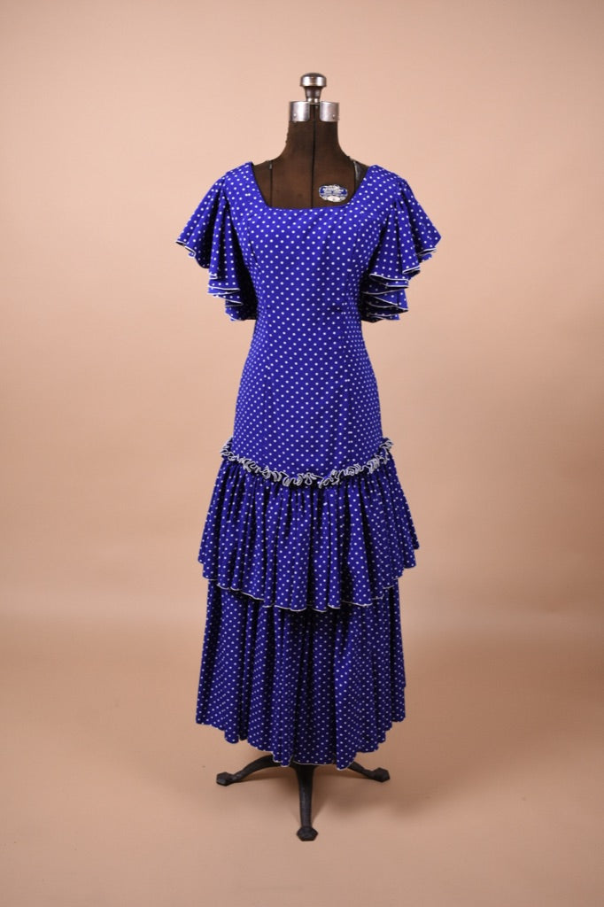 Blue and White Polka Dot 80s Flamenco Dress is shown from front