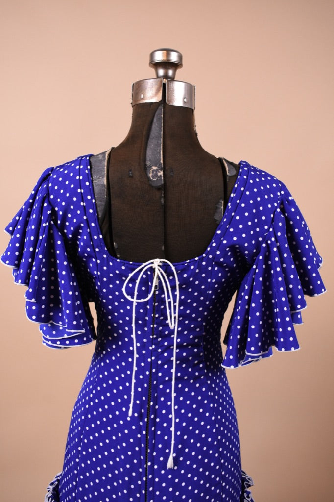Blue and White Polka Dot 80s Flamenco Dress is shown from back close up