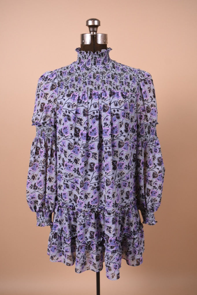 Purple Floral Long Sleeve Smocked Mini Dress By Cinq a Sept, S