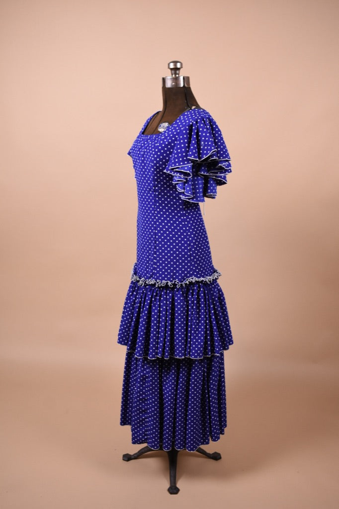 Blue and White Polka Dot 80s Flamenco Dress, S/M Blue and White Polka Dot 80s Flamenco Dress, S/M