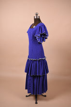 Load image into Gallery viewer, Blue and White Polka Dot 80s Flamenco Dress is shown from side
