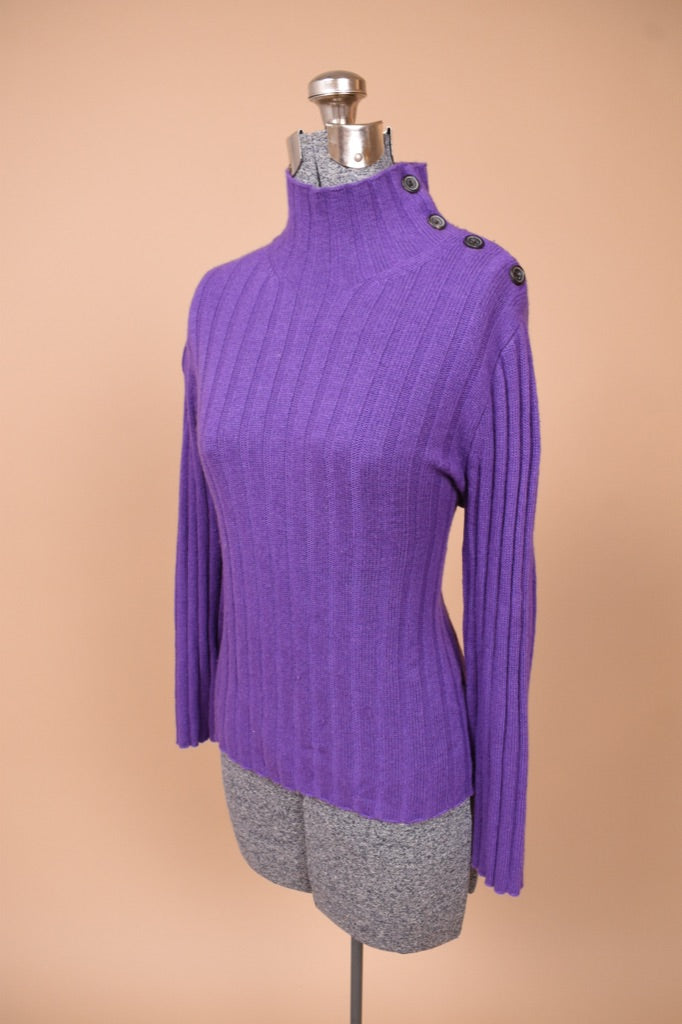 Purple Button-Shoulder Ribbed Mock Neck Sweater by Wallace, S/M