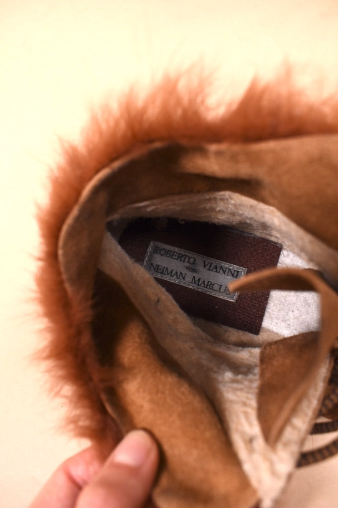 Brown Italian 80s Fur Trimmed Studded Booties By Roberto Vianni, 5