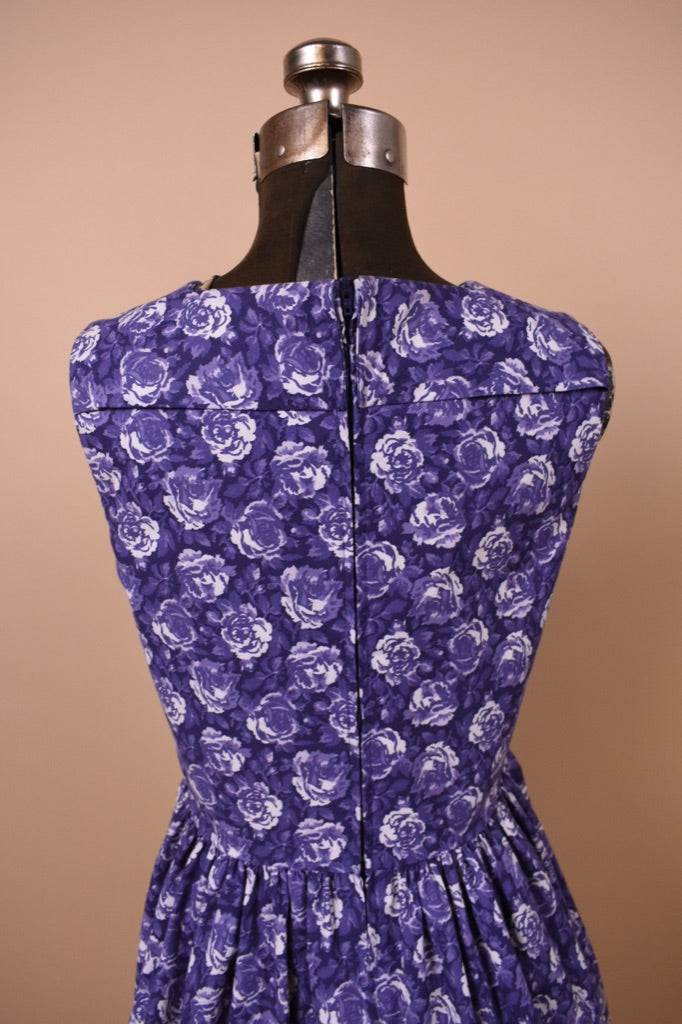 Purple Rose Print 80s Cotton Dress By Laura Ashley is shown from the back