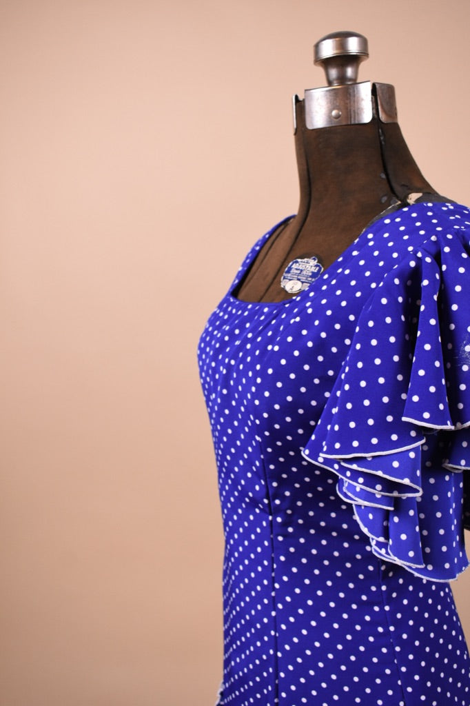 Blue and White Polka Dot 80s Flamenco Dress is shown from side close up