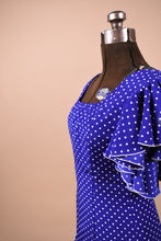Load image into Gallery viewer, Blue and White Polka Dot 80s Flamenco Dress is shown from side close up
